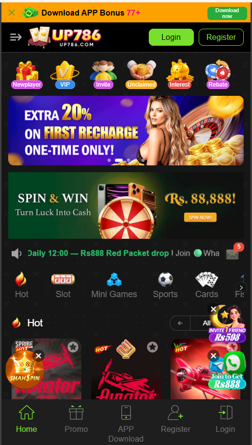 UP786 lobby with download, login, register, promotions and games